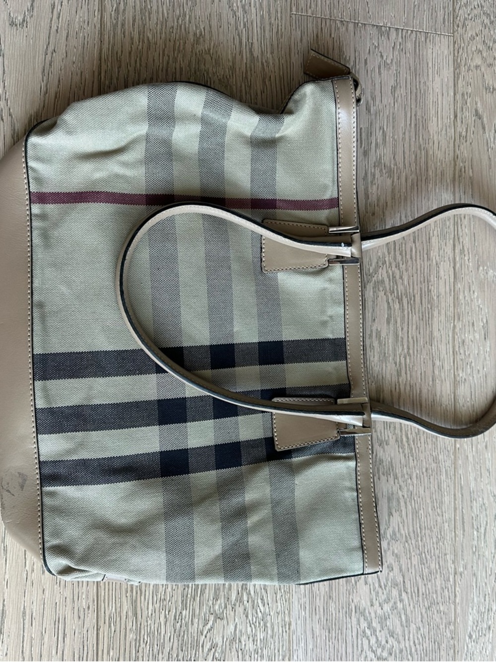 Burberry Tan and Black Check Canvas Tote with Leather Trim - Picture 3 of 5